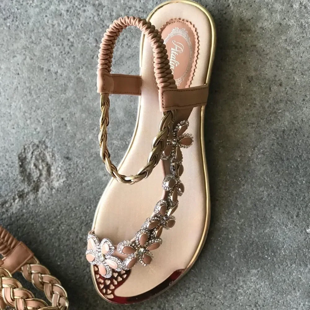 3 Left! Italina Camel Floral Rhinestone Flat Sandal - Picture 9 of 13